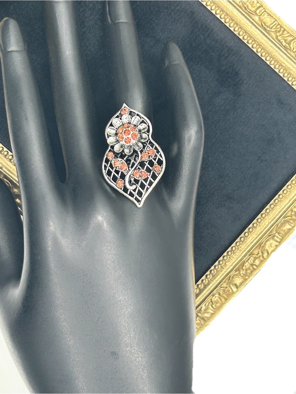 Vintage Silver Tone Flower Statement Ring, Amber Rhinestone Lattice Shield Ring